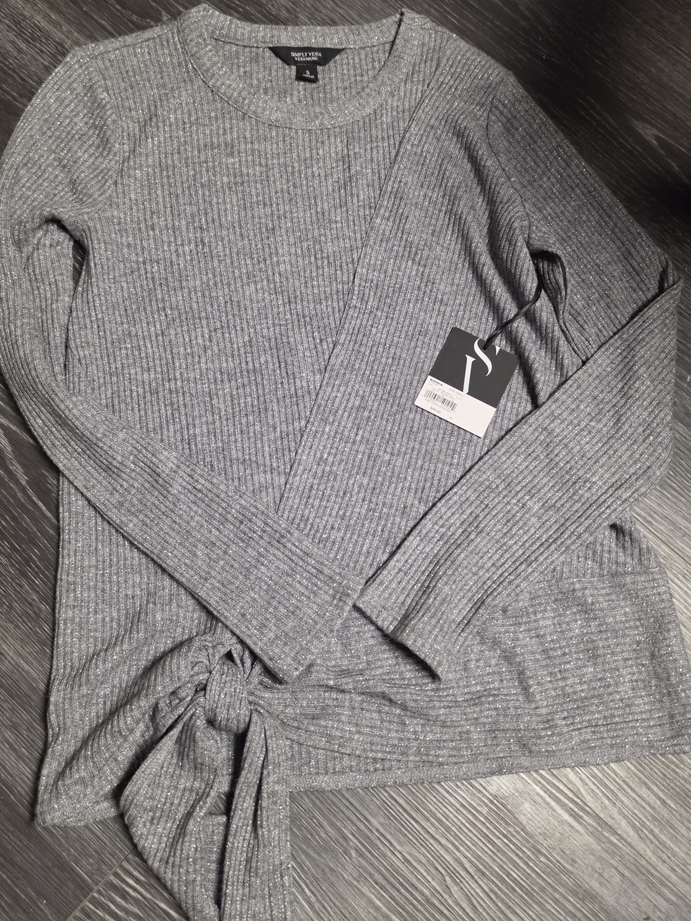 Simply Vera Vera Wang Gray Ribbed Knit Tie-Hem Long Sleeve Top